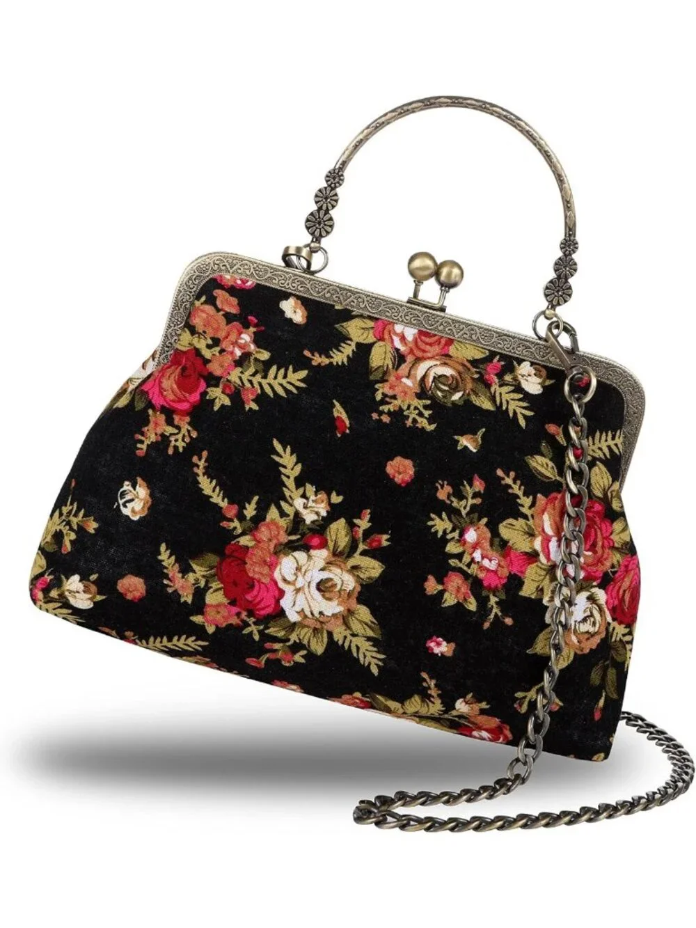 Vintage Floral Top-Handle Handbag, Kiss Lock Evening Bag for Women, Chic Purse
